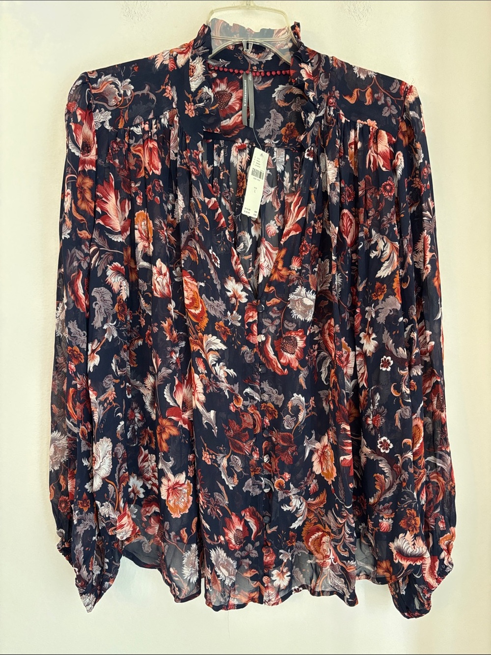 Anthropologie Women’s floral sheer peasant romantic blouse long sleeve shirt LG